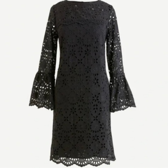 J. Crew Dresses & Skirts - J.Crew Womens 4 Black Bell Sleeve Embroidered Eyelet Scalloped Hem Shift Dress